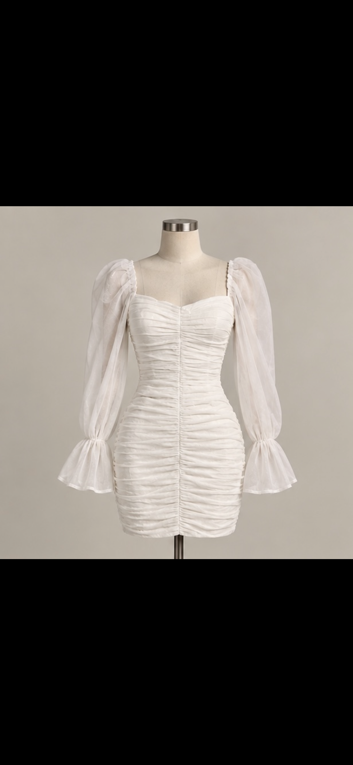 Ivory Ruched Puff-Sleeve Mini Dress