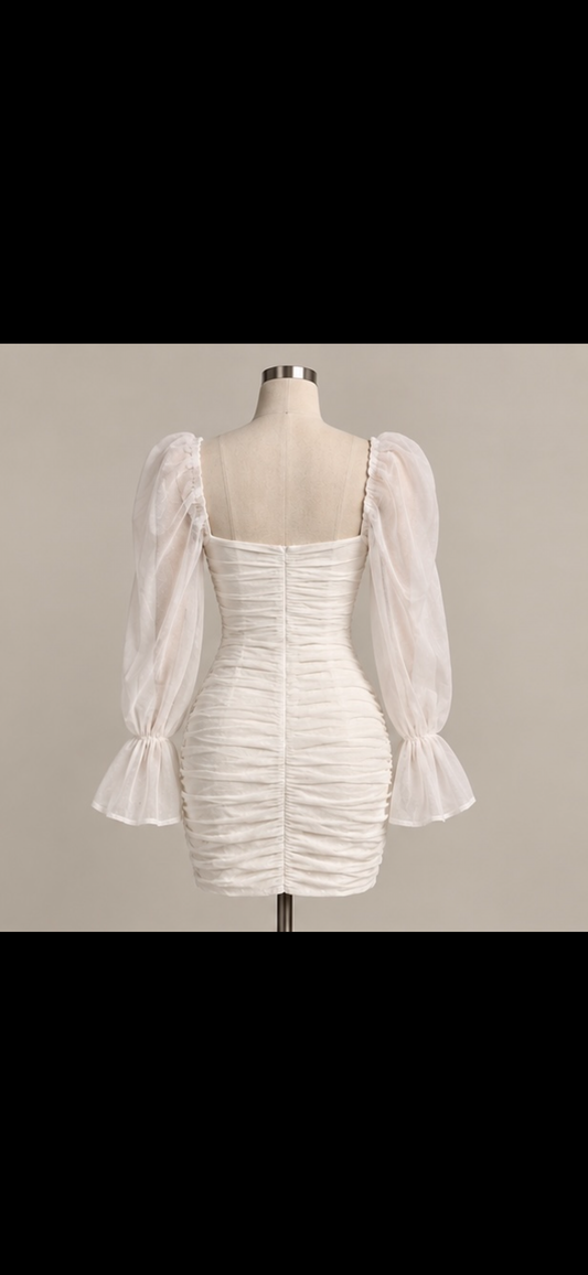 Ivory Ruched Puff-Sleeve Mini Dress
