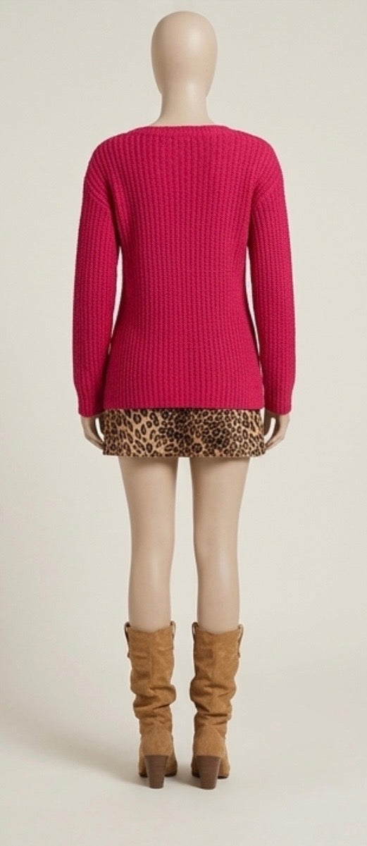 Hot Pink Distressed Knit & Leopard Layered Mini Dress Set