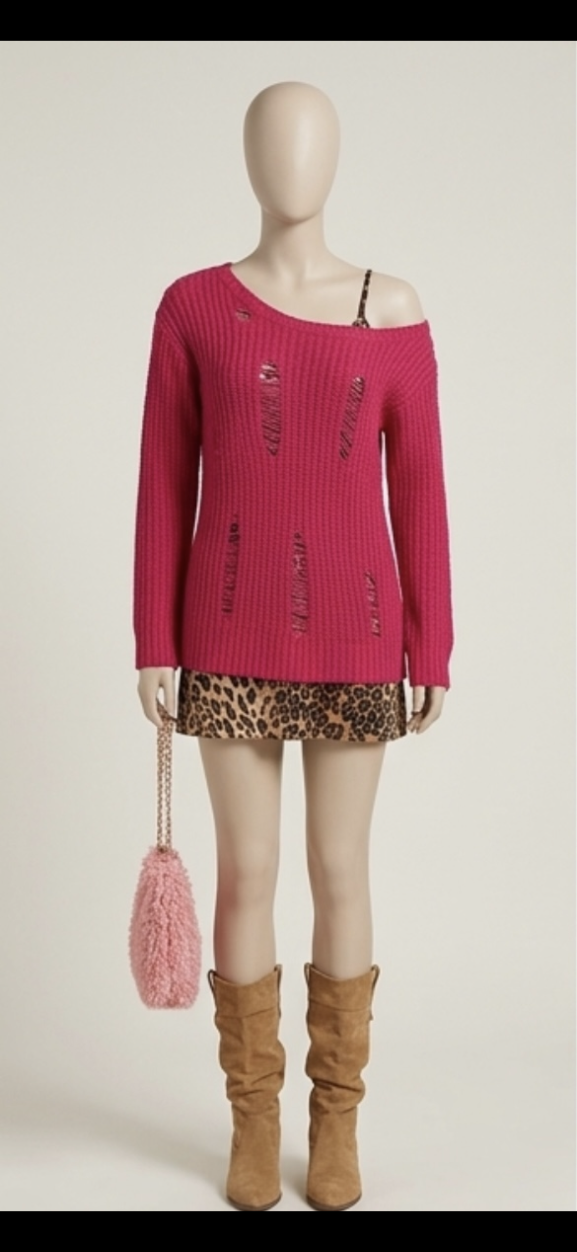 Hot Pink Distressed Knit & Leopard Layered Mini Dress Set
