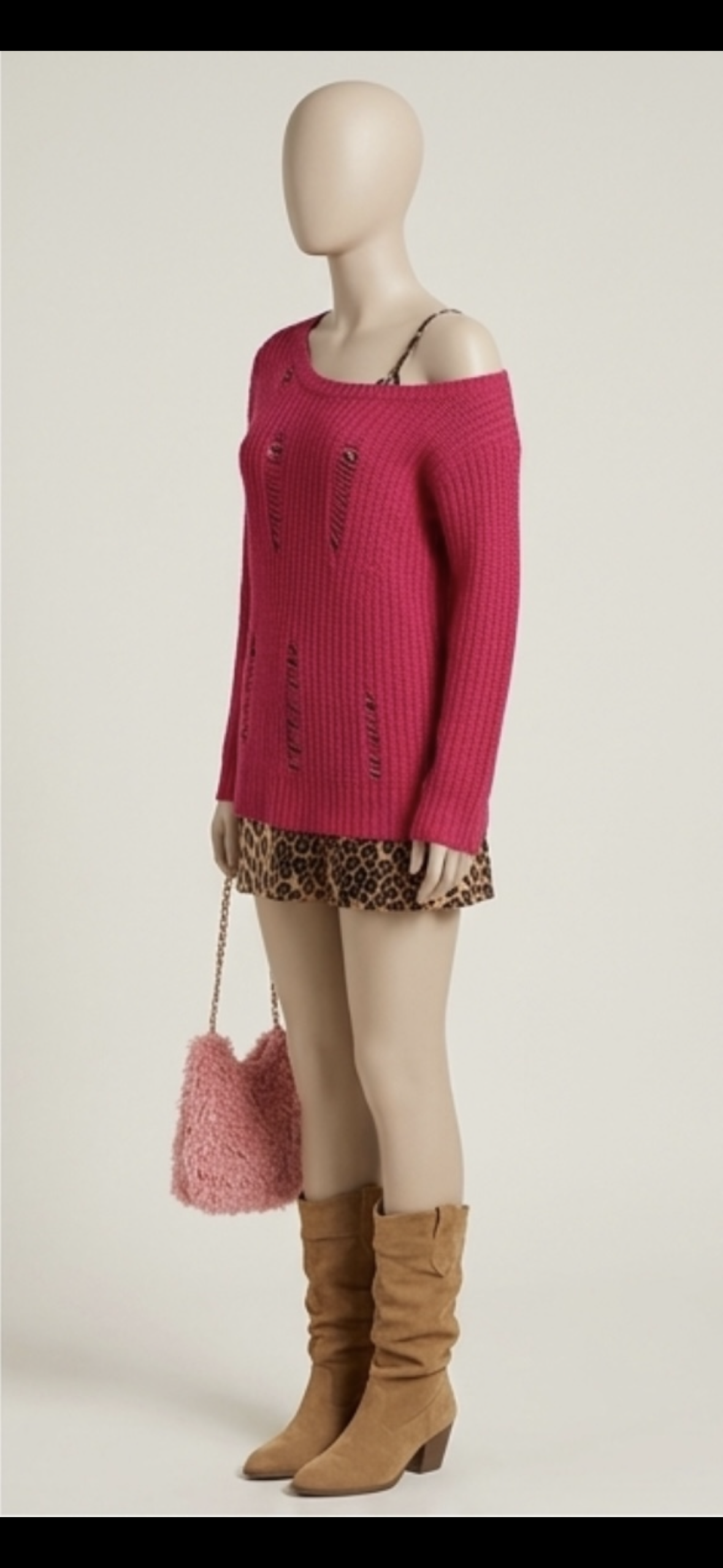 Hot Pink Distressed Knit & Leopard Layered Mini Dress Set
