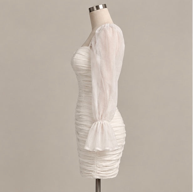 Ivory Ruched Puff-Sleeve Mini Dress